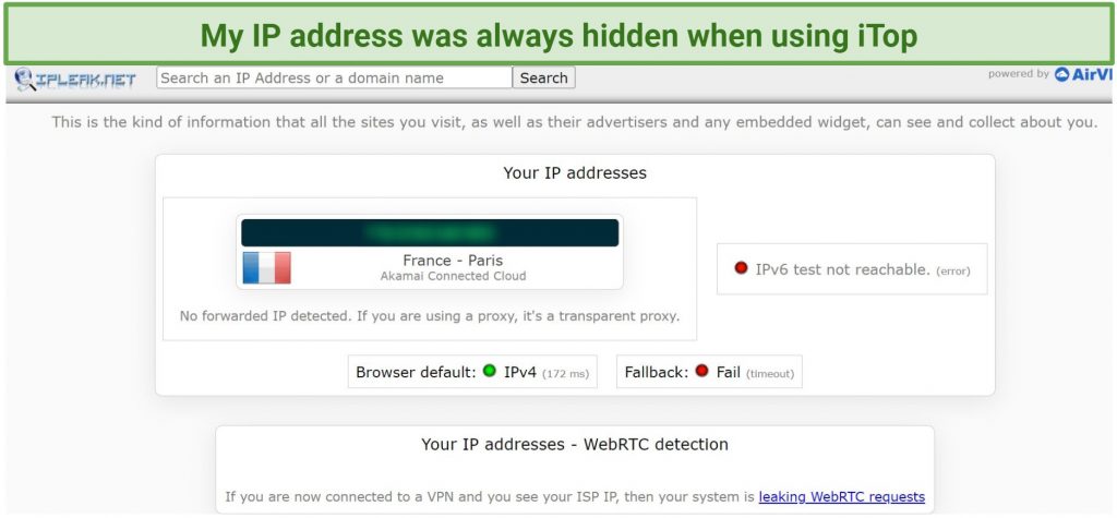 A screenshot of IP leak test results showing iTop protecting my IP address