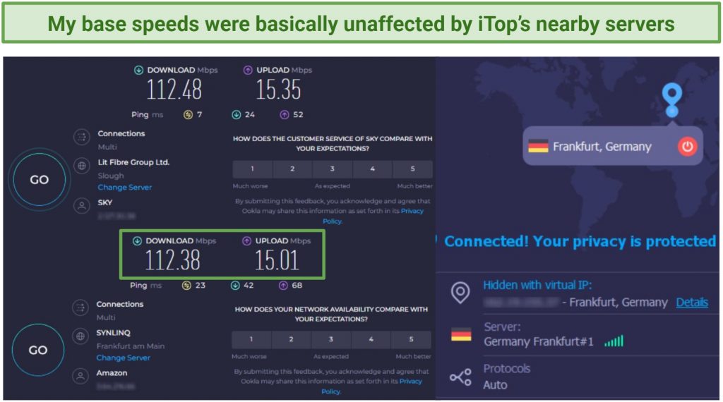 Screenshot of Ookla speed tests done with no VPN and while connected to iTop VPN's German servers