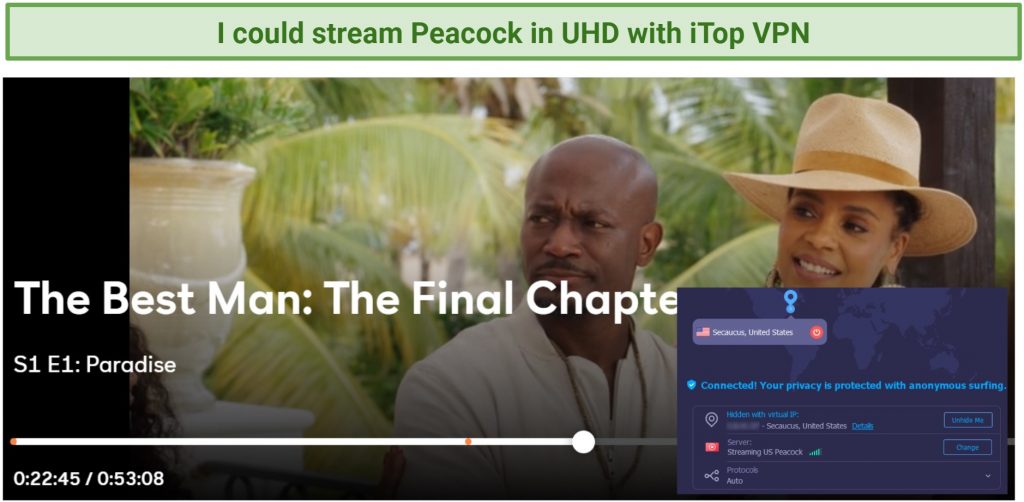 Screenshot of Peacock player streaming The Best Man: The Final Chapter while connected to iTop VPN