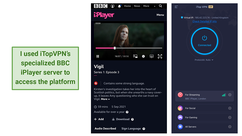 screenshots of BBC iPlayer and iTopVPN UI
