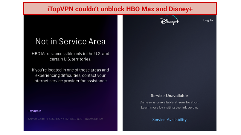 screenshots of HBO Max and Disney+ error screens