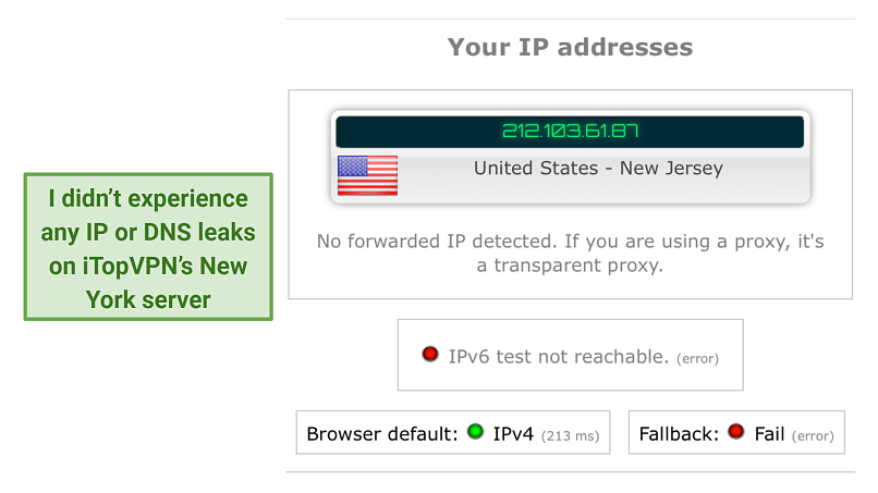 screenshot of iTopVPN's IP and DNS leak test results