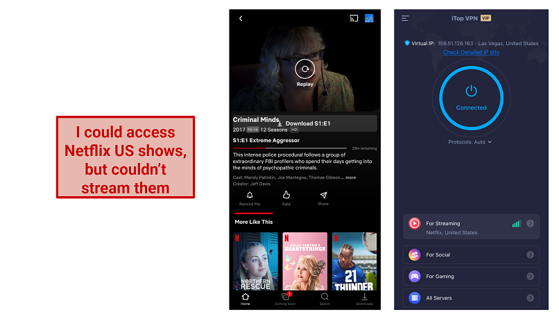 screenshots of Netflix player and iTopVPN UI