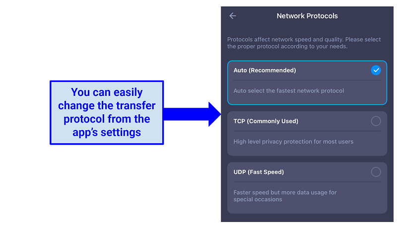 screenshot of iTopVPN's network protocol settings