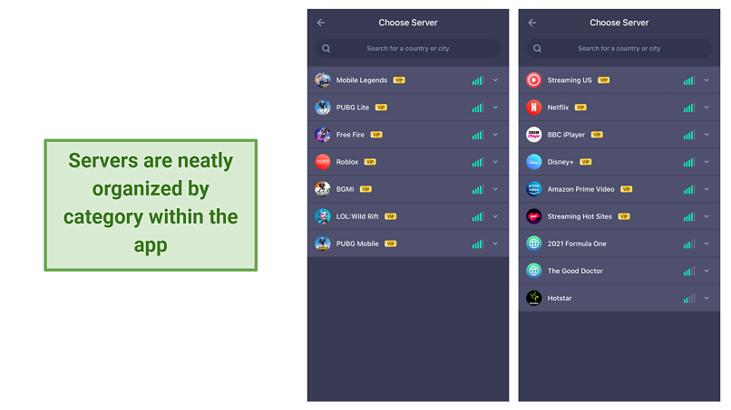 screenshot of iTopVPN's servers UI