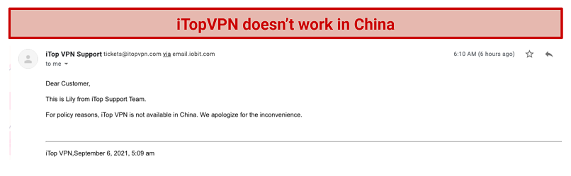 screenshot of iTopVPN's support answer saying it doesn't work in China