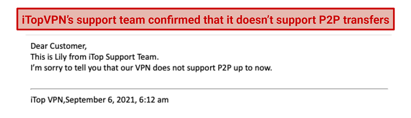 screenshot of iTopVPN's support answer regarding torrenting