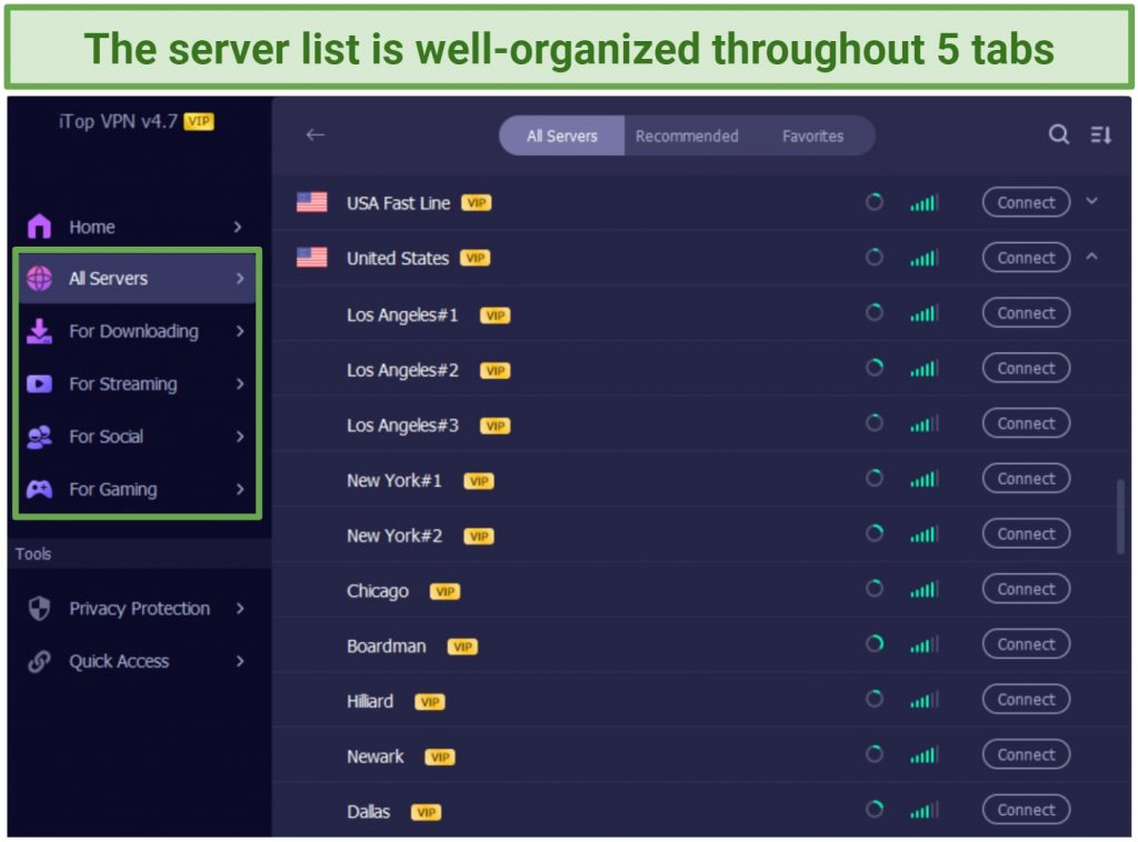 Screenshot of Total AV VPN app highlighting some of the US city-level server list