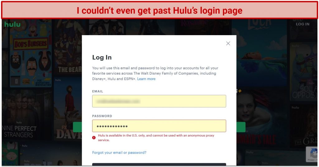 Screenshot of Hulu player detecting and blocking iTop VPN