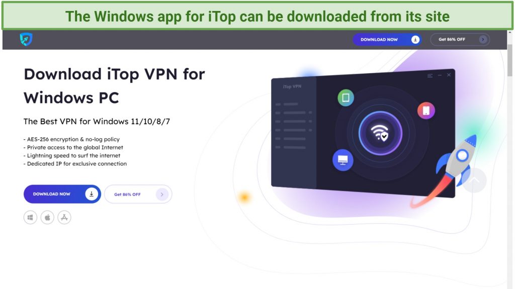 Screenshot of iTop VPN's download page highlighting the Windows section