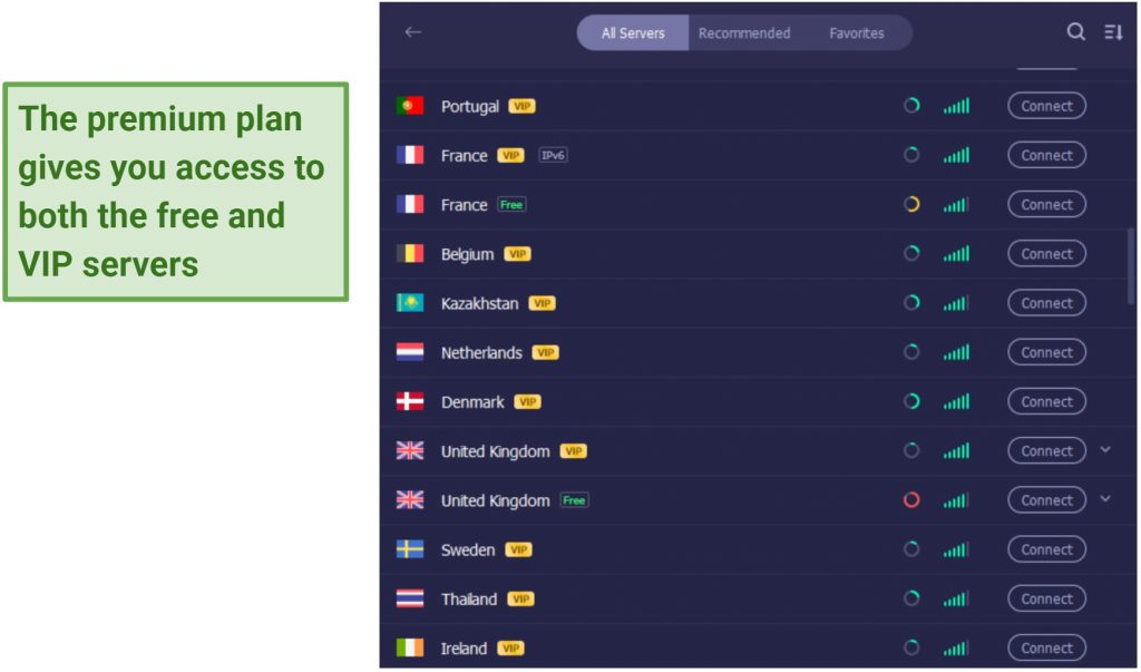 A snapshot of iTops list of servers showing both free and VIP servers