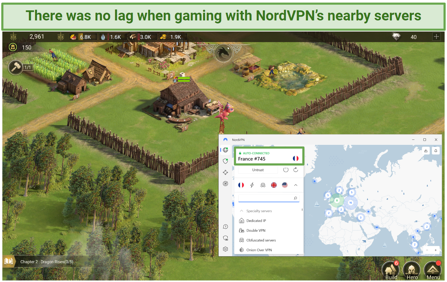 Screenshot of NordVPN's France server while gaming with zero lagging