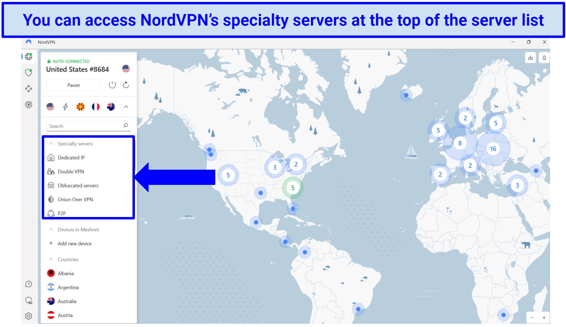 Screenshot of NordVPN's Windows app Home screen, highlighting the specialty servers in the server list