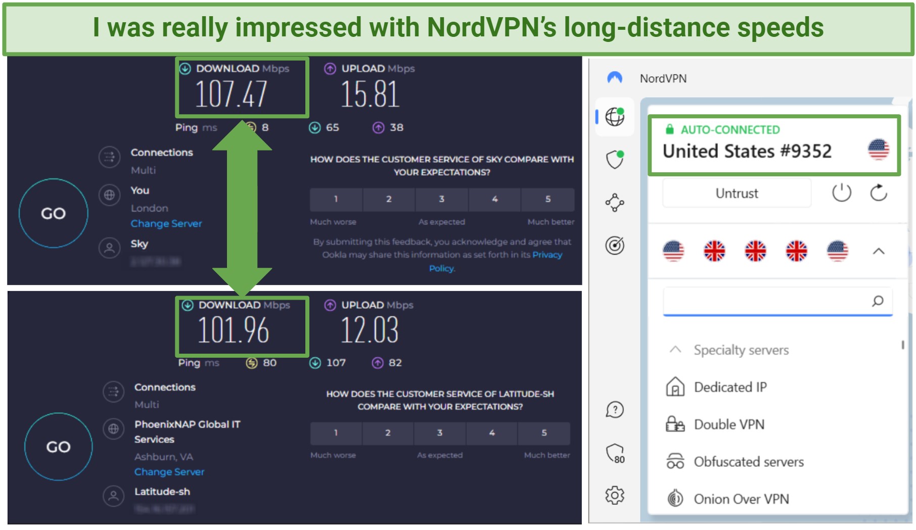 Screenshot of NordVPN's US speed tests