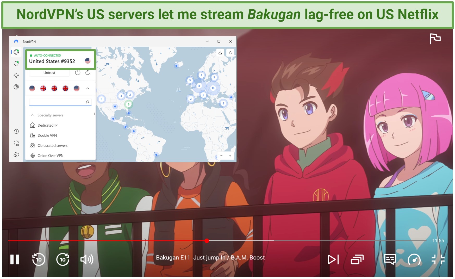 Screenshot of NordVPN accessing US Netflix and streaming Bakugan