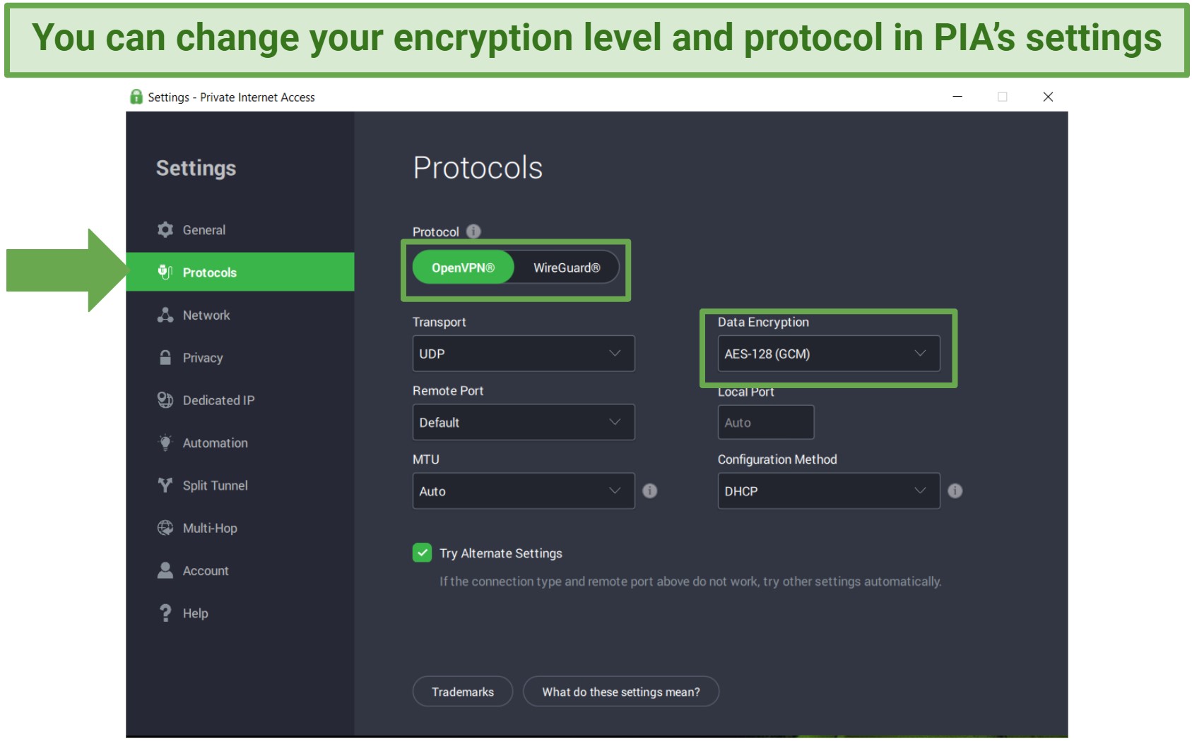 Screenshot of PIA's protocol settings showing the protocol and customizable encryption settings