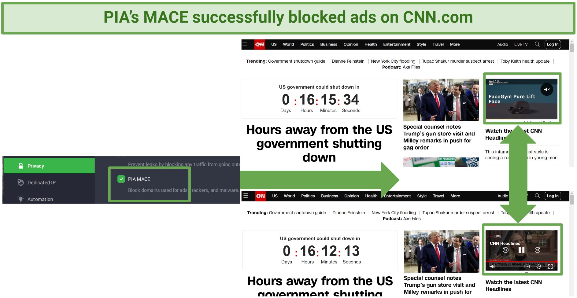 Screenshot of PIA's MACE blocking ads on CNN.com