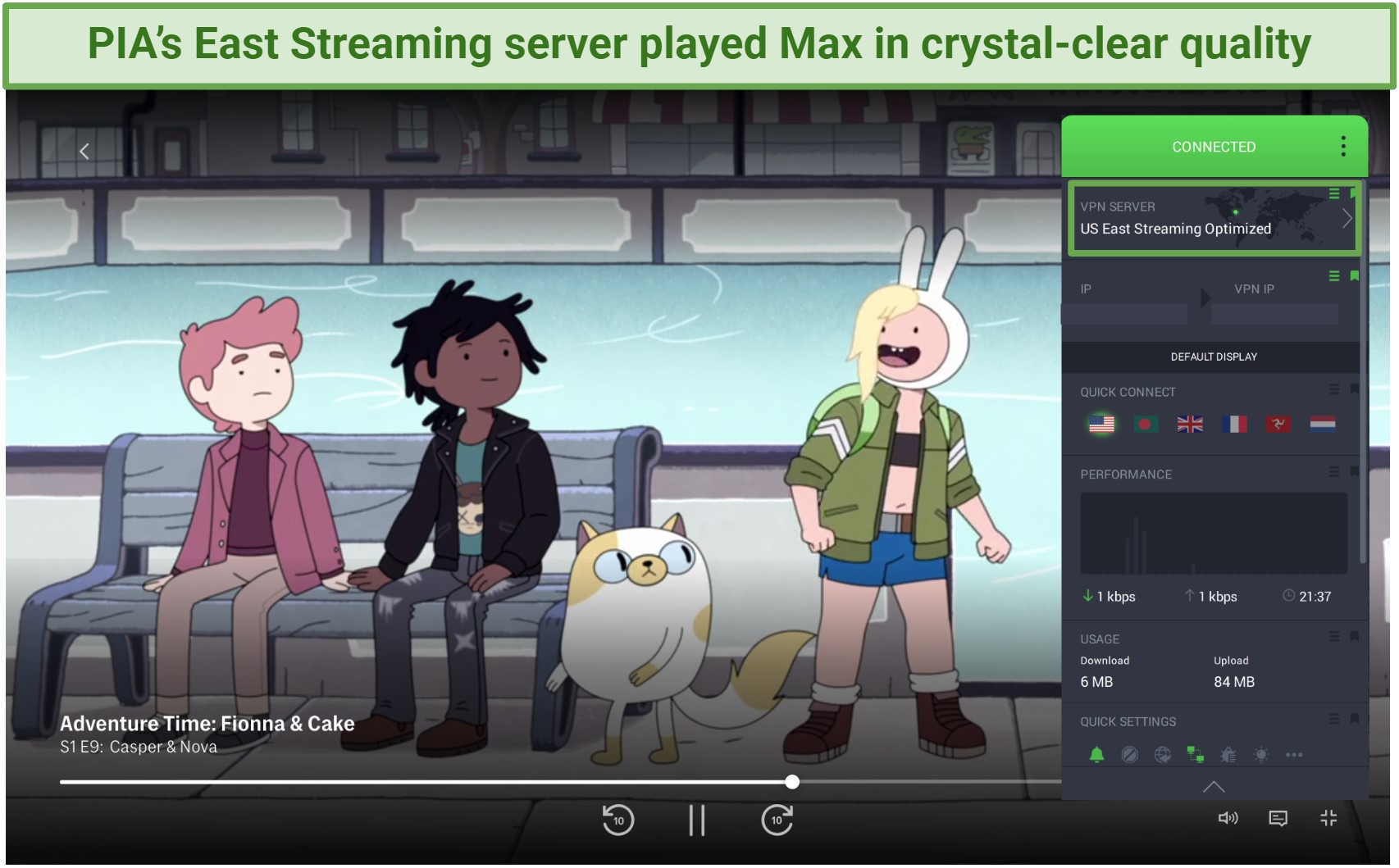 Screenshot of PIA streaming Max on its US East Streaming server