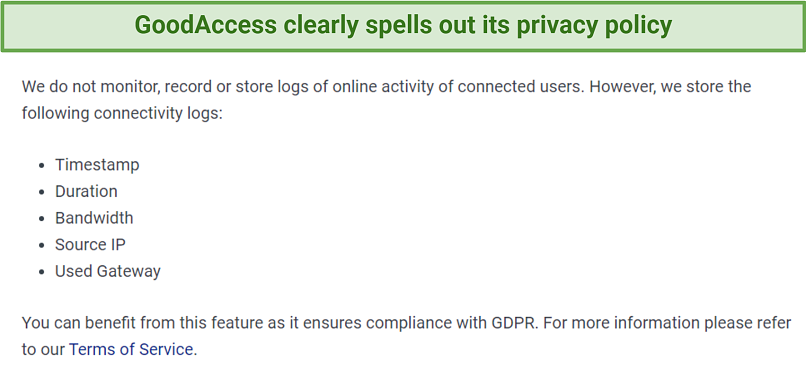 screenshot of GoodAccess' privacy policy