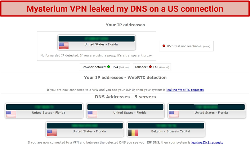 Image showing leak test with DNS leak when using Mysterium VPN