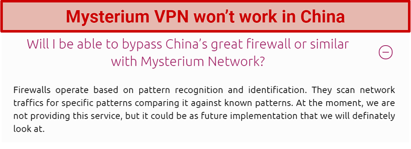 Screenshot showing FAQ about Mysterium VPN not working in China