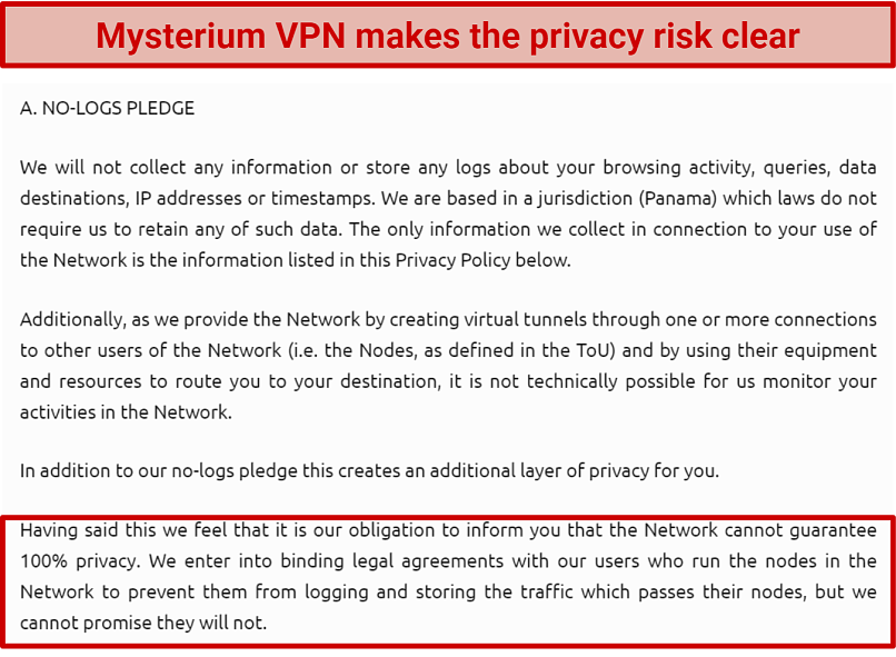 Image showing Mysterium VPN privacy policy highlighting node-runner concern