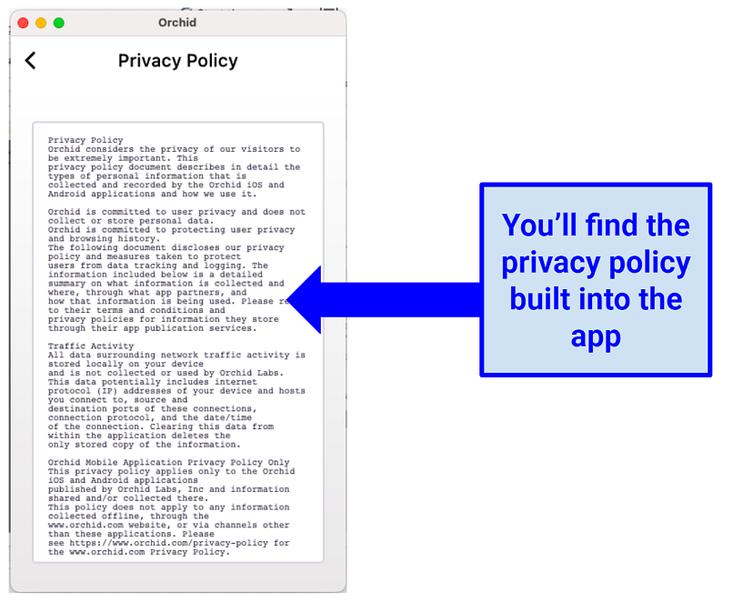 Image of privacy policy within Orchid VPN app