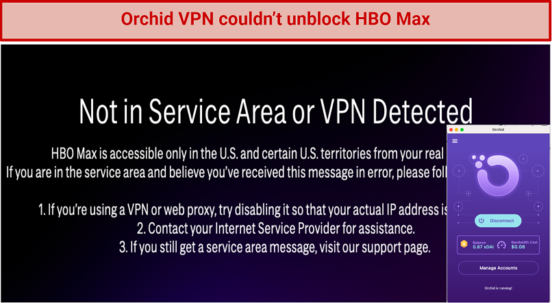 Image showing HBO Max blocked after connecting to Orchid VPN's US location