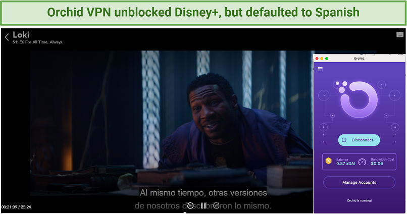 Image showing Disney+ working but with Spanish language, after connecting to Orchid VPN's US location