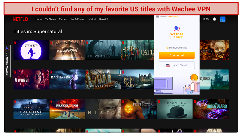 screenshot of Netflix search page and Wachee VPN UI