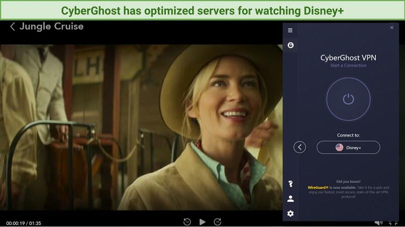 A screenshot using a US server with CyberGhost to stream Jungle Cruise.