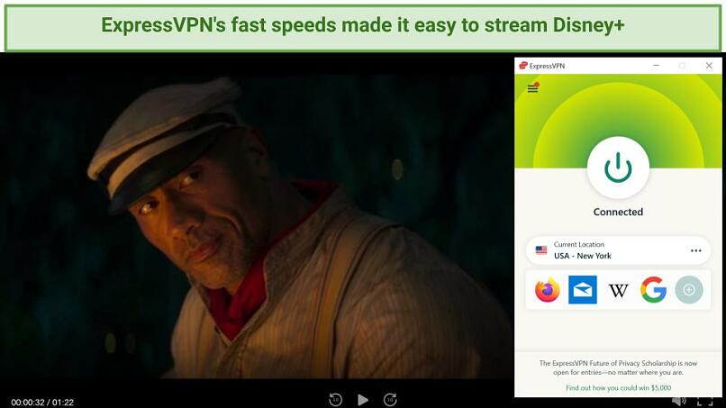 A screenshot using a US server with ExpressVPN to stream Jungle Cruise.