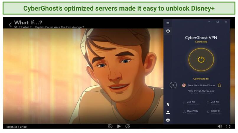 A screenshot of CyberGhost being used to stream What If on Disney+.
