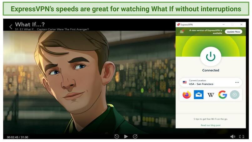 A screenshot of ExpressVPN being used to watch What If on Disney+.