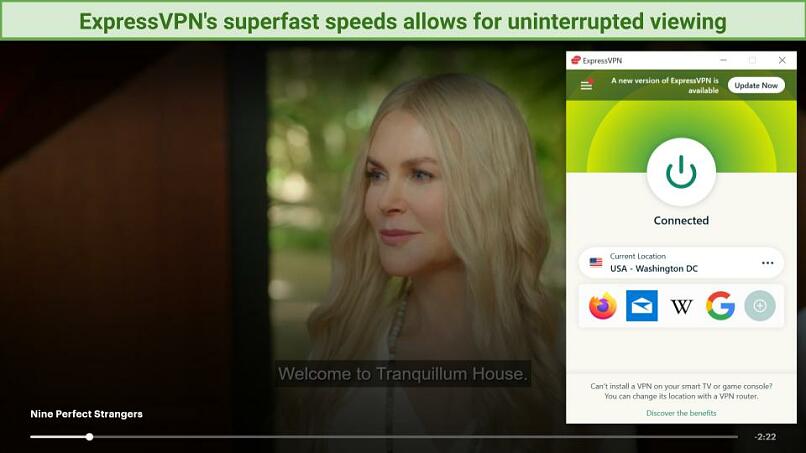 A screengrab of ExpressVPN being used to unblock Hulu and stream Nine Perfect Strangers.