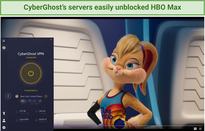 Screenshot showing Space Jam: A New Legacy streaming on HBO Max after connecting to a US CyberGhost server