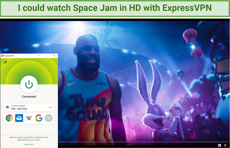Screenshot showing Space Jam: A New Legacy streaming on HBO Max after connecting to a US ExpressVPN server