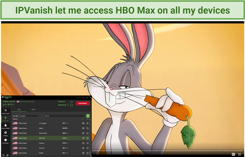Screenshot showing Space Jam: A New Legacy streaming on HBO Max after connecting to a US IPVanish server