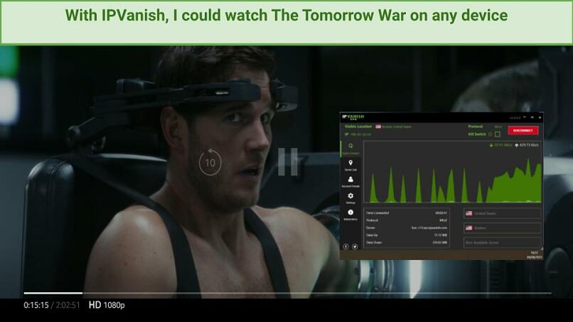 Streaming The Tomorrow War on IPVanish connected to a US server