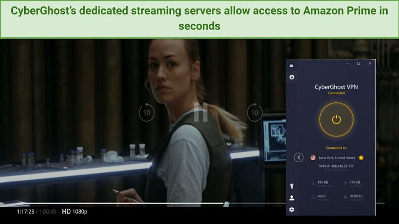 Streaming The Tomorrow War on Amazon Prime Video connected to CyberGhost's US server