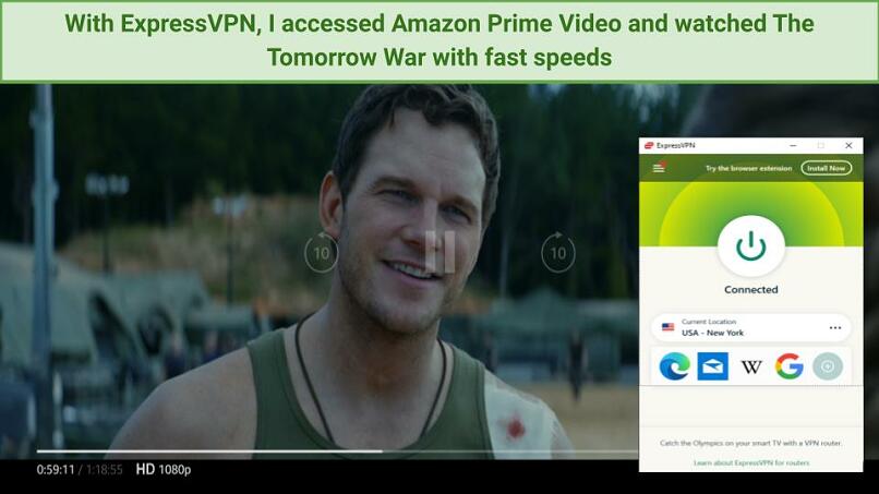 Screenshot of ExpressVPN connected to a US server watching The Tommorow War