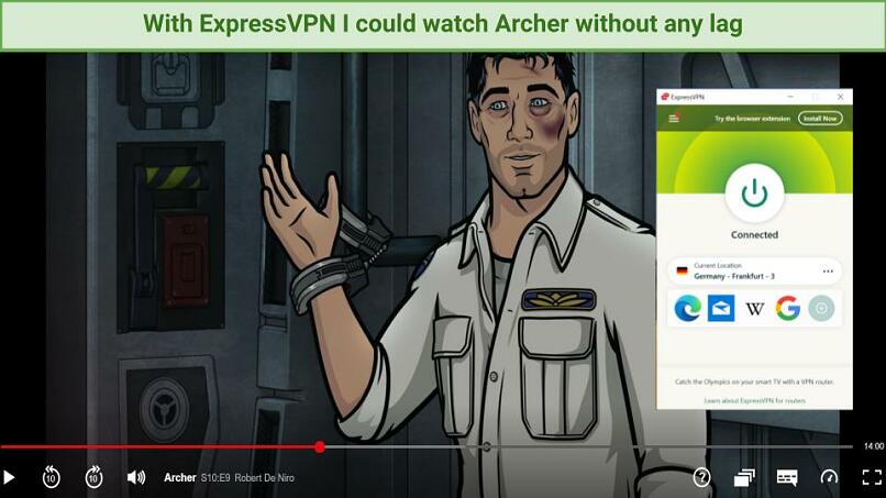 Screenshot of Archer streaming on Netflix with ExpressVPN connected to a German server