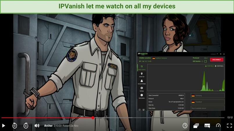 Screenshot of Archer streaming on Netflix with IPVanish connected to a German server