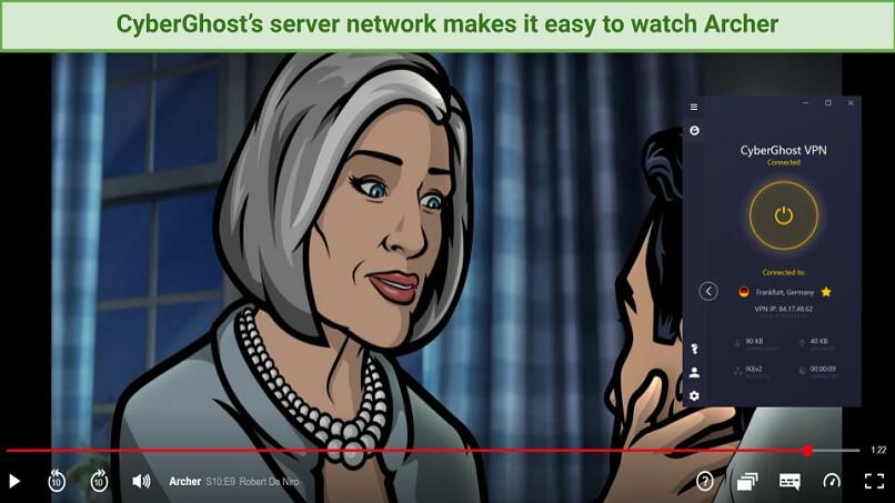 Screenshot of Archer streaming on Netflix with CyberGhost connected to a German server