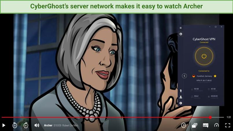 Imagem do Arqueiro streaming Netflix com o CyberGhost conectado a um servidor alemão