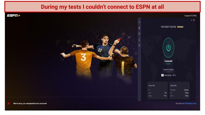 Screenshot of ESPN's homescreen blocked using VPN Proxy Master
