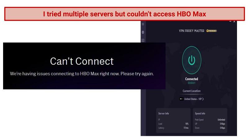 Graphic showing HBO Max block screen and VPN Proxy Master connected to a US server