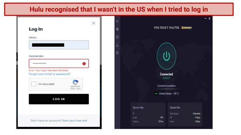 Graphic showing Hulu blocking access and VPN Proxy Master connected to a US server