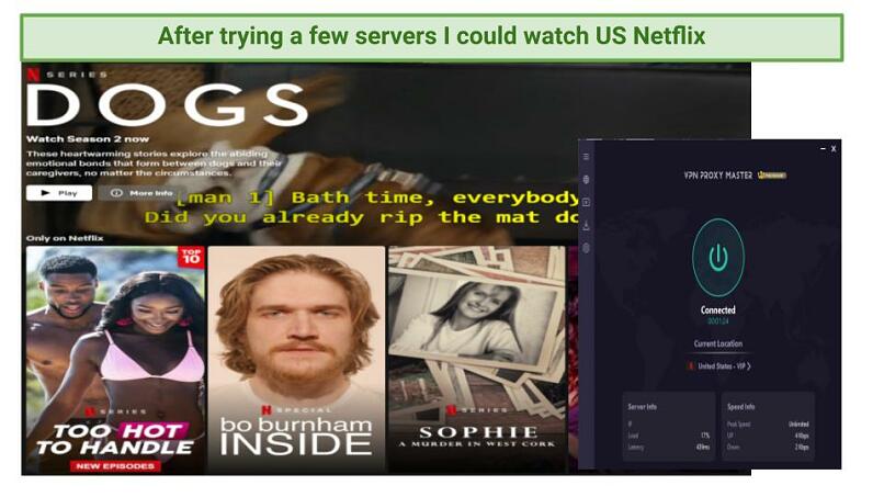 Screenshot showing US Netflix homepage using VPN Proxy Master