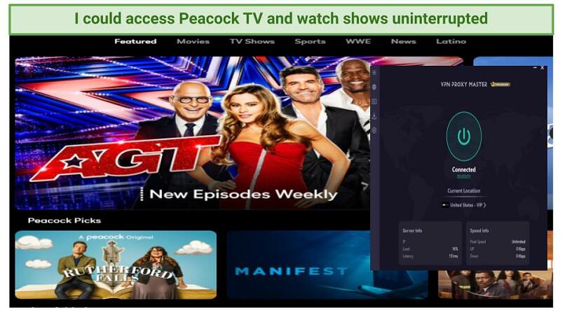 Screenshot showing Peacock TV homescreen using VPN Proxy